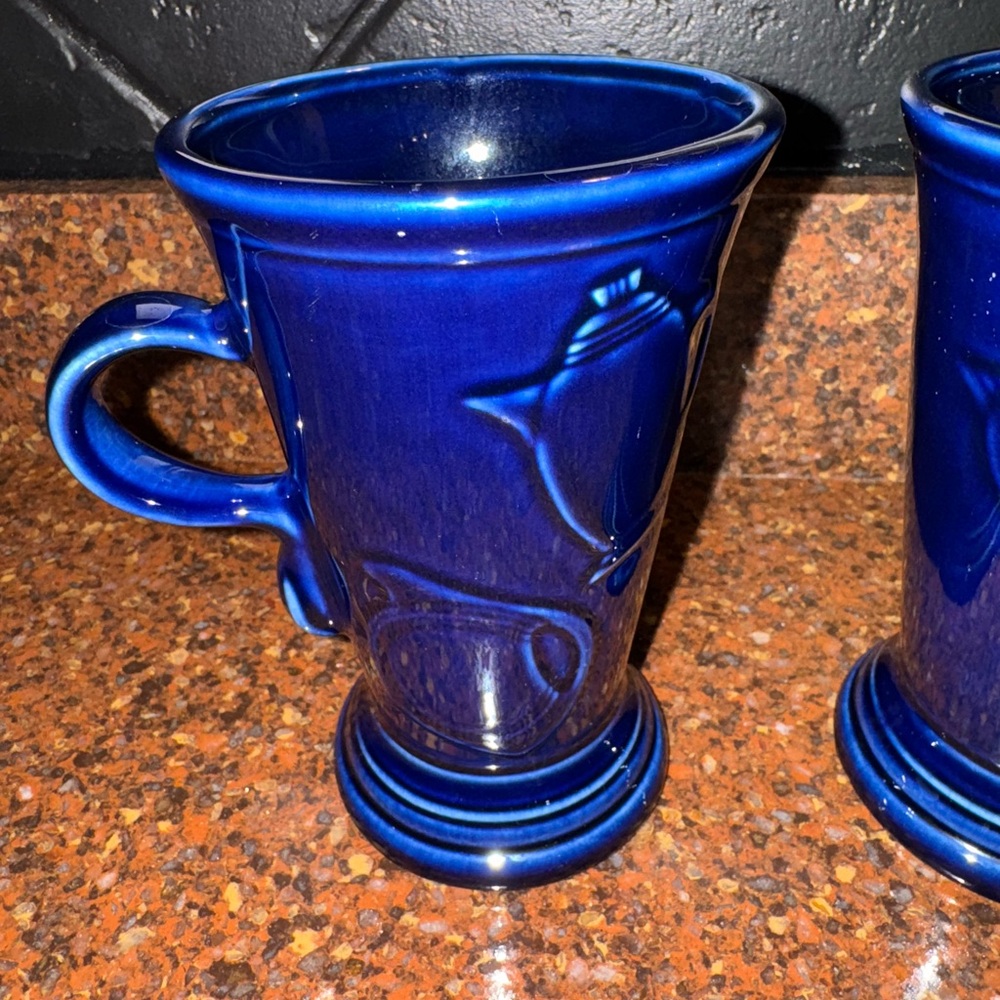 Homer Laughlin Fiesta Cobalt Blue Latte Pedestal Coffee HLC Embossed 6" Mugs - Picture 3 of 7